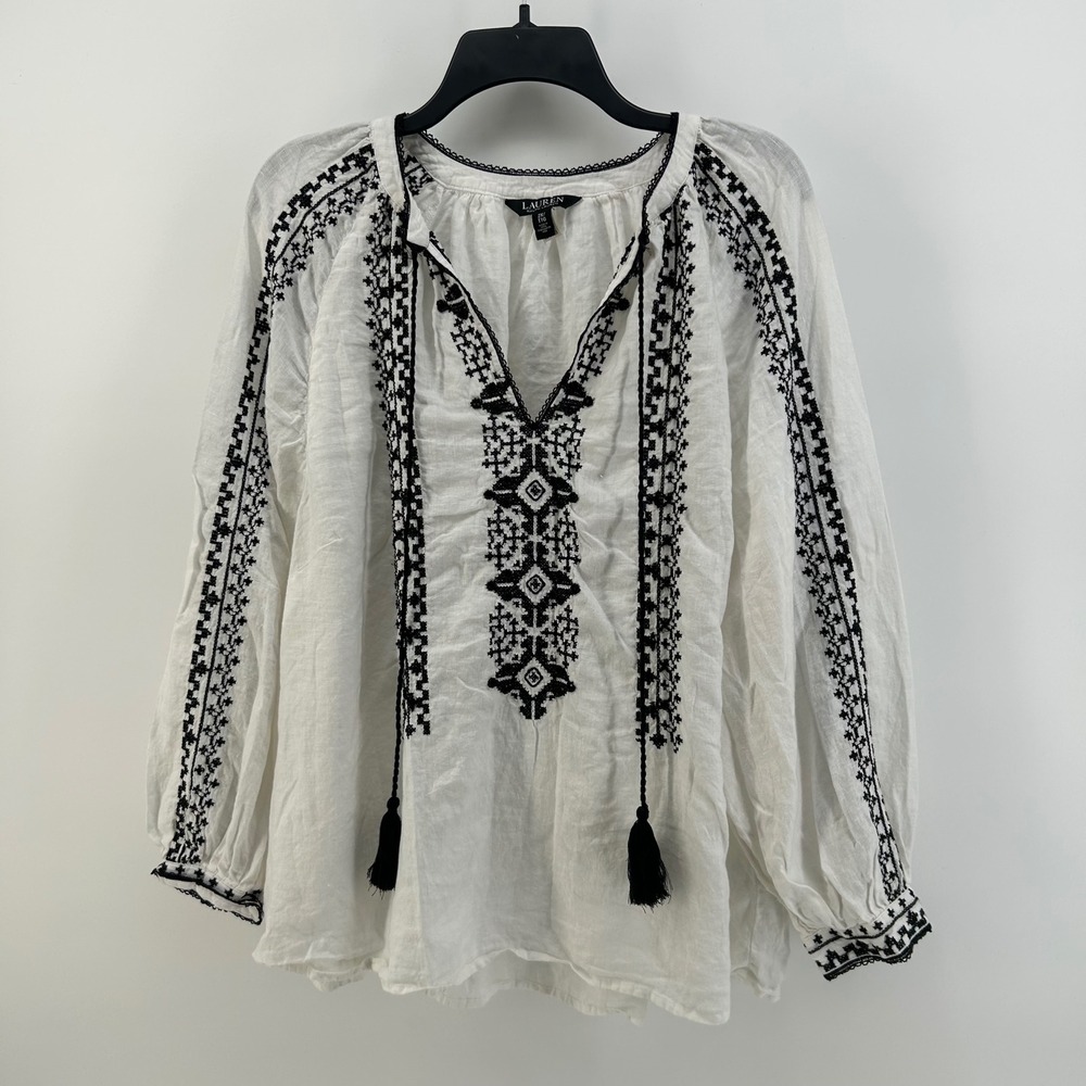 Lauren Ralph Lauren 2X 100% Linen White Embroidered Tassel Peasant Blouse Top